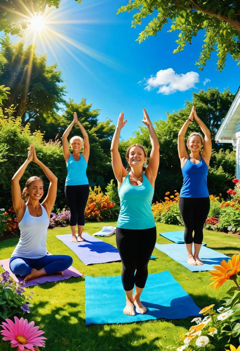 A bright and uplifting scene featuring a diverse group of people joyfully engaging in various activities like yoga, gardening, and painting under a vibrant blue sky. Sunlight filters through lush greenery, casting a warm glow on their happy faces. Include elements like colorful flowers, smiles, and uplifting quotes in the background. super-realistic. vibrant colors. cheerful atmosphere.