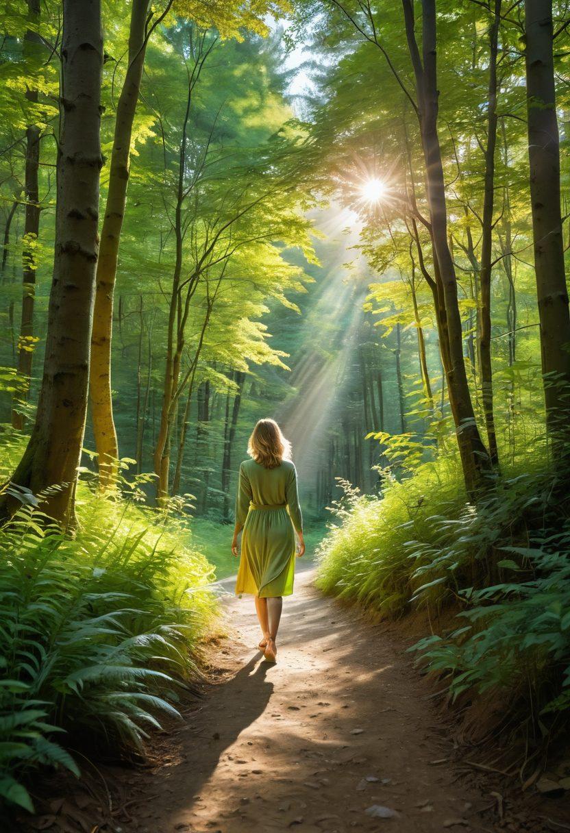 A serene landscape featuring a sunlit path winding through a lush, vibrant forest, symbolizing a journey towards happiness. In the foreground, a joyful figure of a woman, Martina Klein, radiates positivity, with gentle rays of sunlight highlighting her presence. Soft colors of green and gold create a warm and welcoming atmosphere, encouraging viewers to embark on their own path to joyful living. super-realistic. vibrant colors. uplifting vibes.