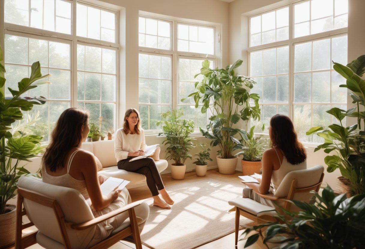 A serene and inviting coaching session scene with Martina Klein, a charismatic coach, guiding a diverse group of individuals in a sunlit room filled with plants and inspirational quotes. Participants are engaged, taking notes, and sharing ideas, embodying empowerment and transformation. Soft pastel color palette, warm light filtering through a window, showcasing a sense of growth and well-being. super-realistic. vibrant colors. natural light.